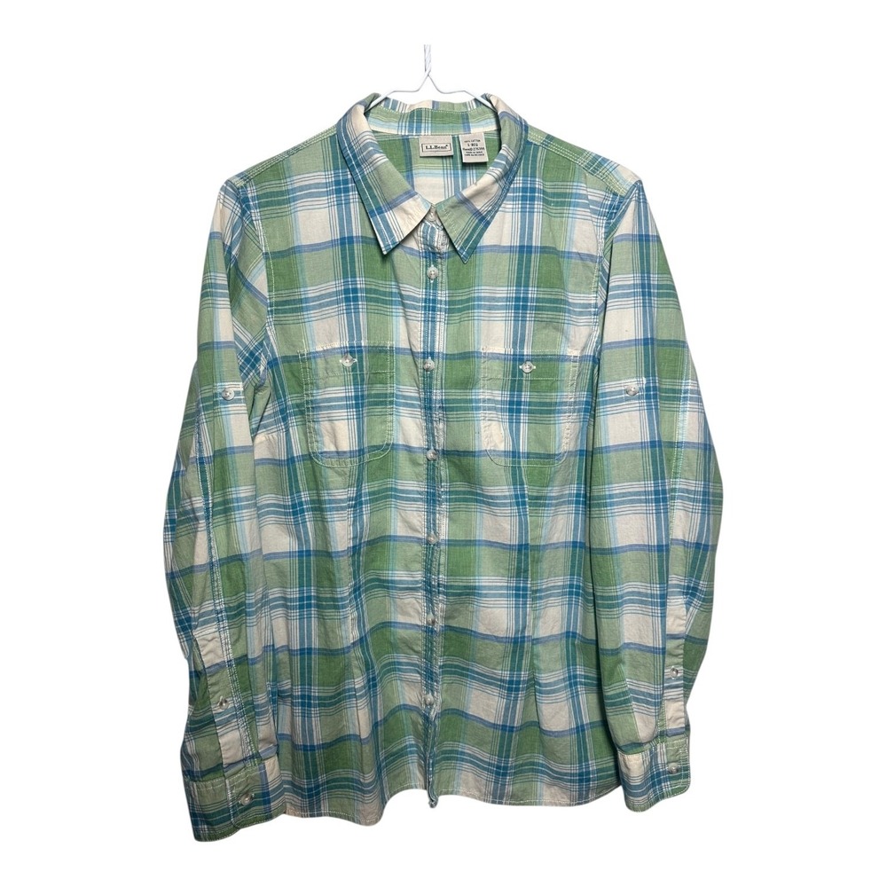 L.L.Bean Men's Plaid Button-Down Shirt Green Blue Cotton Size L Regular